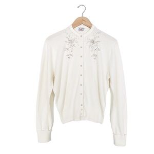 50s beaded monrose sweater cardigan - ivory white knit, vintage 60s holiday